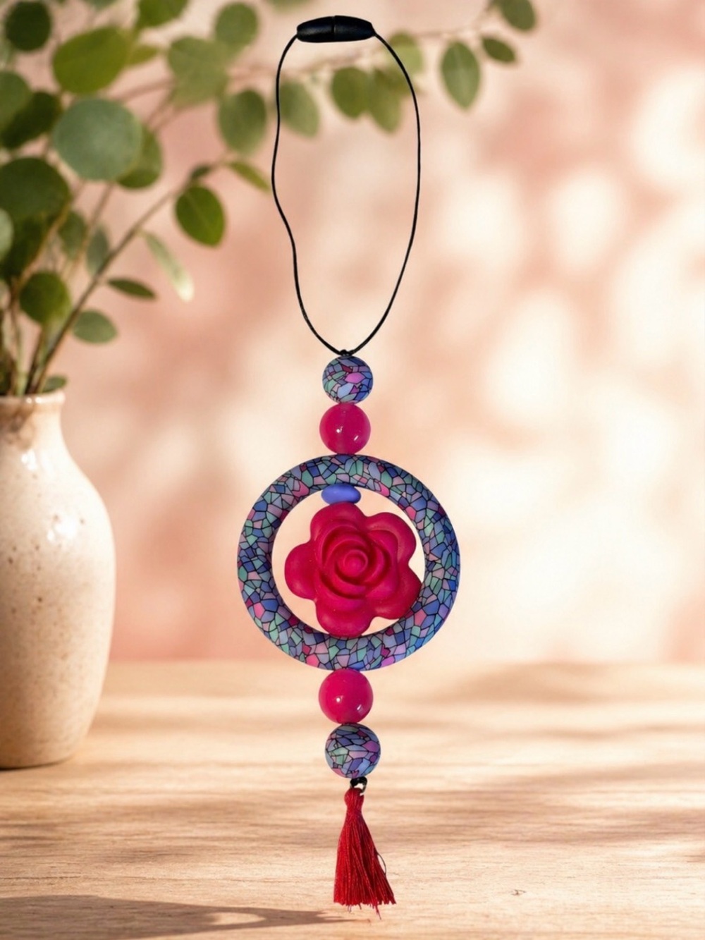 Handmade hanging Pink Rose/ Blue Car Charm with Mosaic Ring